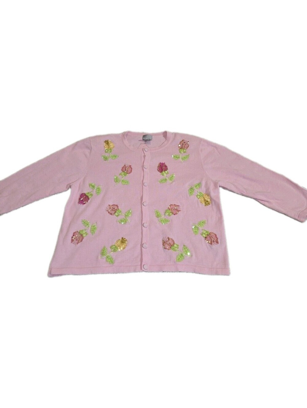 berek vintage sweater cardigan Pink Sz XL Beaded Floral Tulips Granny Mom...